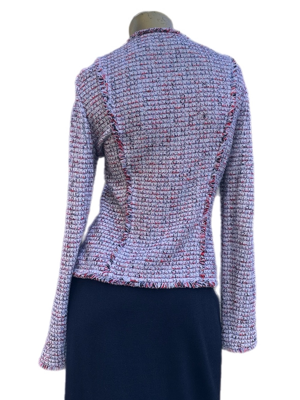 St. John Textured Knit Fringe Trim Jacket White Red Blue Novelty Weave Blazer - Picture 5 of 11